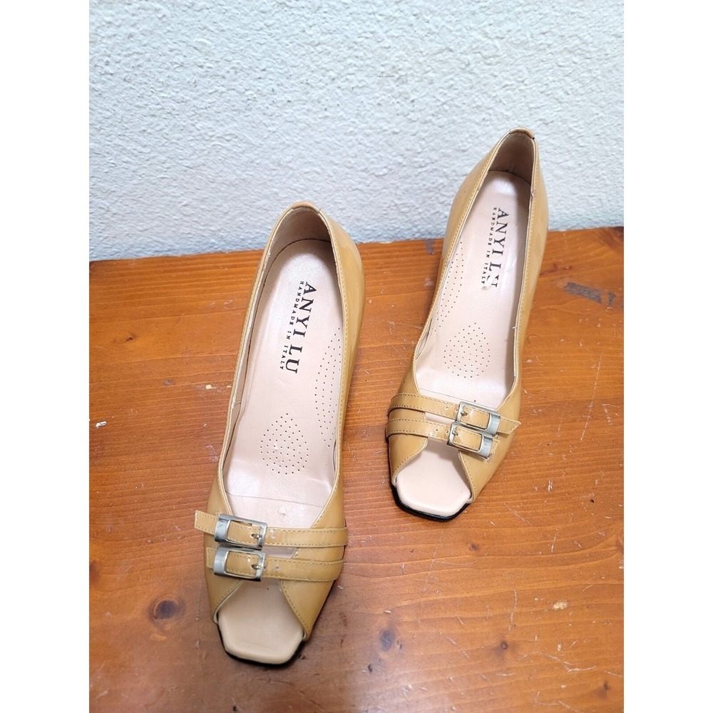 Anyilu Womens Peep Toe Leather Heels With Buckle Detail In Tan Size 36